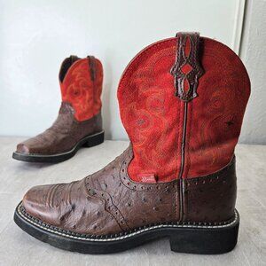 Justin Gypsy Ostritch Western Boots 8 Brown Orange Leather Cowgirl Ankle Booties